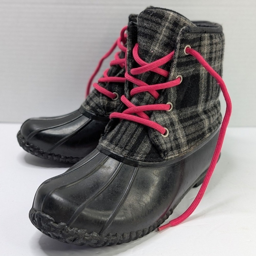 George Kids Plaid Duck Boots Size 3 Black Grey Pink Preppy Gorpcore GMUB46DP013